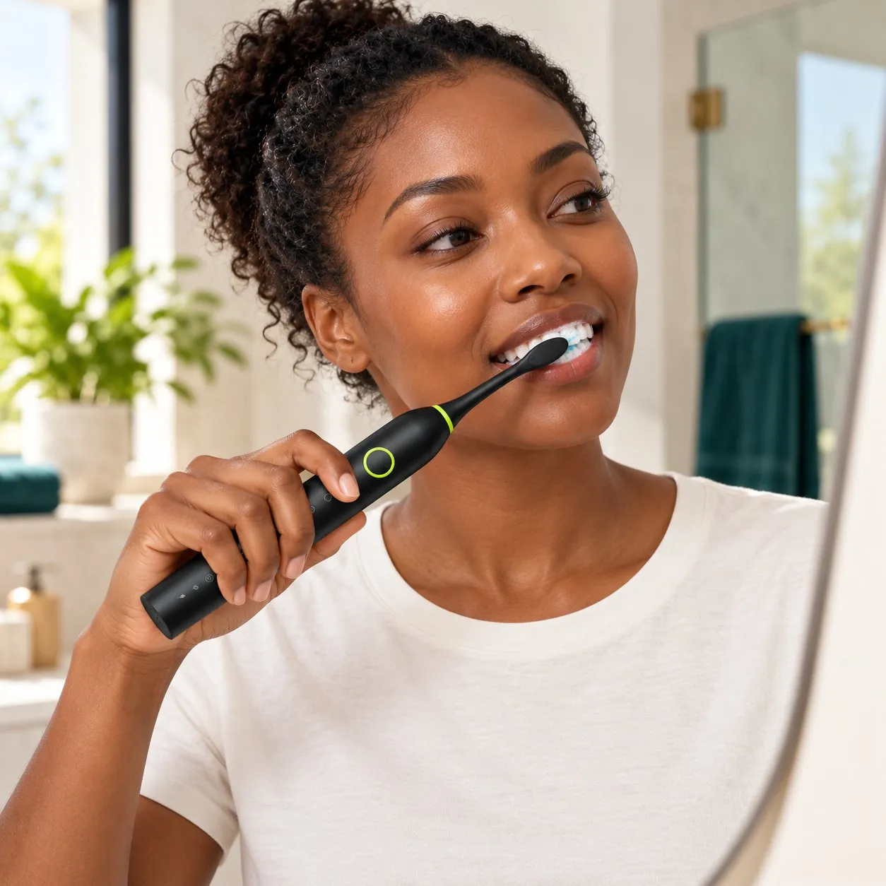 Woman brushing her teeth with a black ORIBIX X1
